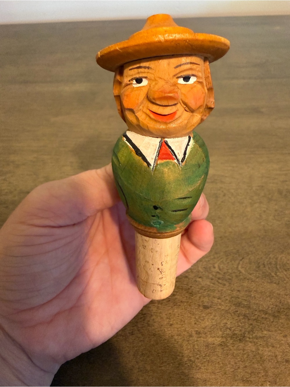 Vintage Mechanical Carved Wood Bottle Stopper/Cork, Hat lifts, 4.5”